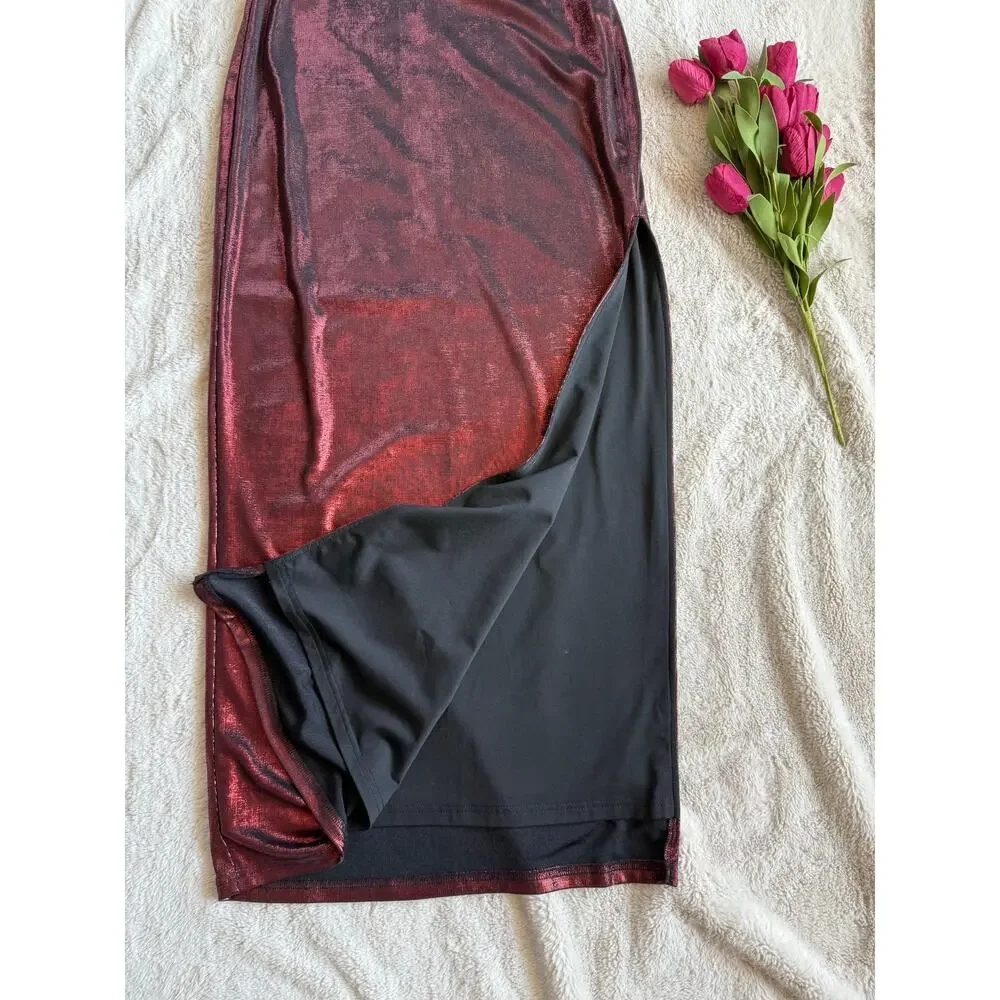 Cupshe Red Metallic Long Skirt with Slit Size Medium